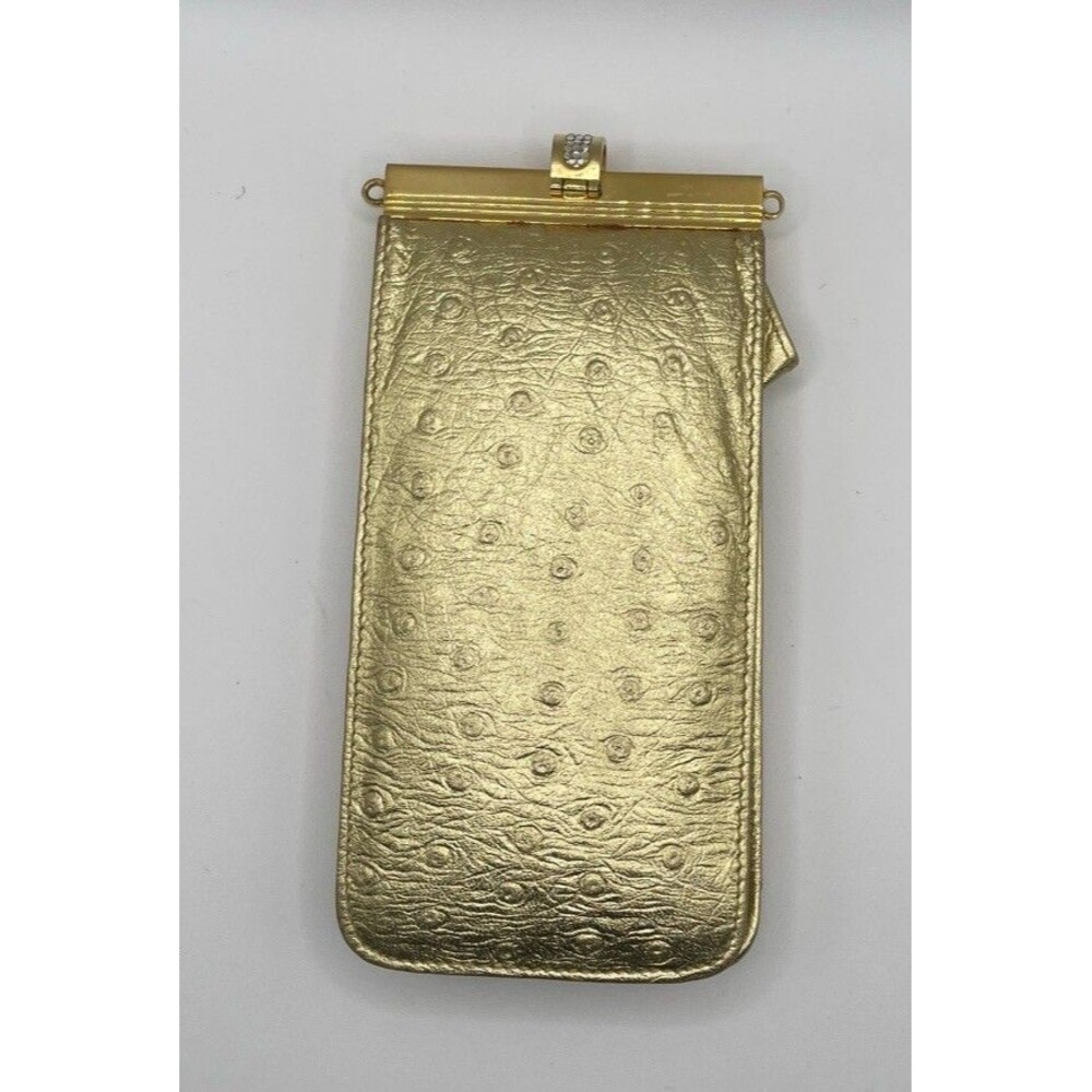Vintage Gold Ostrich Embossed Frame Clutch Wallet Rhinestone Clasp 60s Evening